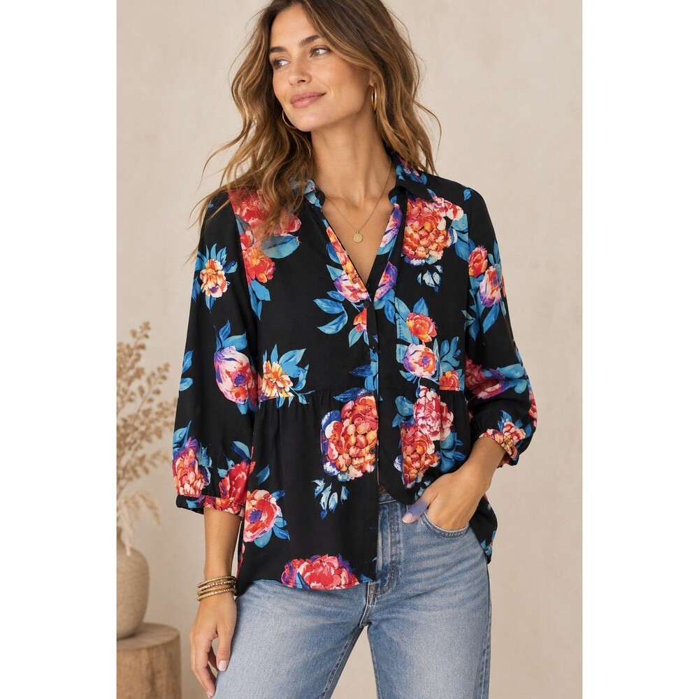 Maeve Anthropologie Woodland Walk Floral Blouse 8 Black Button Front 3/4 Sleeve